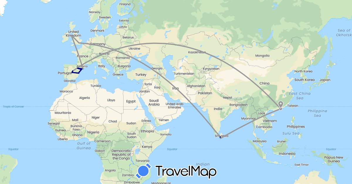 TravelMap itinerary: driving, plane in China, Spain, United Kingdom, Isle of Man, Sri Lanka (Asia, Europe)